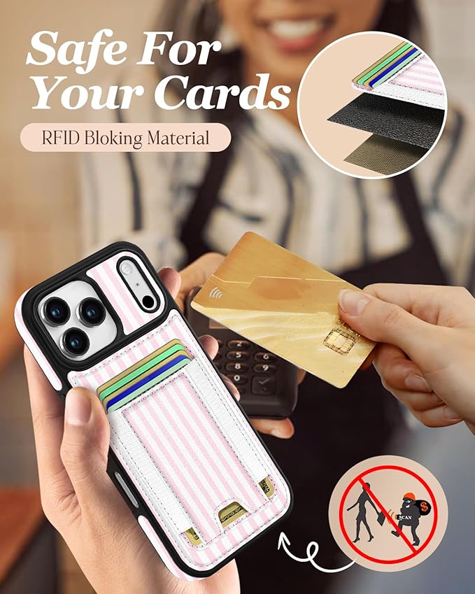 Shorogyt for iPhone 17 Pro Case Wallet - Fits 5 Cards, Compatible with Magsafe Detachable Magnetic Credit Card Holder Leather Cardholder Cute Phone Cover Women Girls for Apple 17Pro, Striped