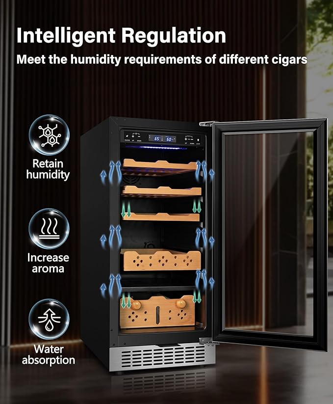 15'' Under Center Humidors Freestanding, 80L Electric Cooler Cabinet 500 Counts Capacity with Humidity and Temperature Digit Control, Spanish Wood Shelves Luxury Compressor for Home Office Gift