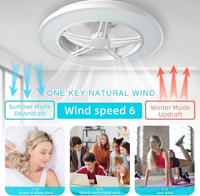 BAYSQUIRREL Samrt Low Profile Ceiling Fan with Light,Bluetooth Bladeless Ceiling Fans with Speaker,RGB-LED Dimmable Reversible Flush Mount Ceiling Fan for Bedroom