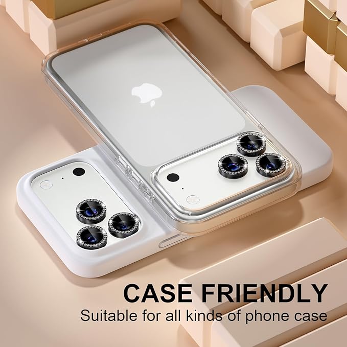 Misea Compatible for iPhone 17 Pro/iPhone 17 Pro Max Camera Lens Protector Bling, 9H Tempered Glass Camera Cover Screen Protector Metal Individual Ring Decoration Accessories, Black Diamond
