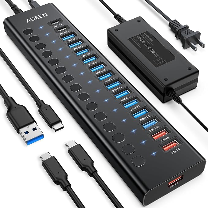 Powered USB Hub, AGEEN 16-Port USB 3.2 Hub (14 USB-A+2 USB-C), 10Gbps - Image 8