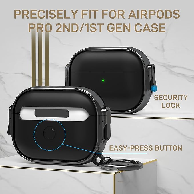 Maxjoy for AirPods Pro 2nd/1st Generation Case with Lock, Cute AirPods Pro 2 Case Lock Protective Hard AirPod Pro Cover for Women Men with Keychain for Airpod Pro (2023/2022/2019), Black/Grey