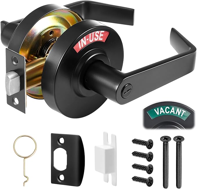 Tandefio 1 Set Vacant Occupied Bathroom Lock, Commercial Door Handle with in-use or Vacancy Occupied Deadbolt, Privacy Indicator Restroom Handle Lock for Restrooms, Satin Chrome (90 mm,Black)