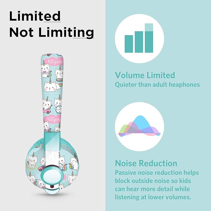 LilGadgets Untangled Pro Kids On-Ear Headphones - Bluetooth Wireless Headphones – Volume-Limited to 93 dB with Built-in Sharing Port (Rainbow Cat)