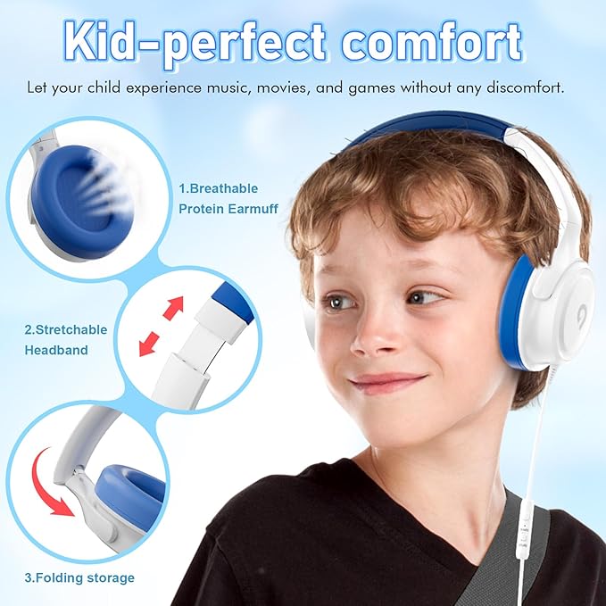 Kids Headphones with Cord-3.5mm Jack 85/94dB Safe Volume Control Built-in Microphone On-Ear Headphones for Kids/Teens/School/Travel/3.5mm Devices(White)