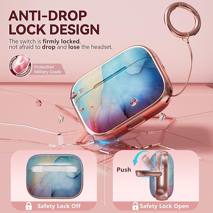 Inesore for AirPods Pro 2nd Generation Case Cover with Lock, Flowers Cute Air Pods Pro 2 Case Hard iPod Pro Cases for Women Girls with Cleaner Kit (2023 USB-C /2022/2019) -Blue Rainbow Gold Marble