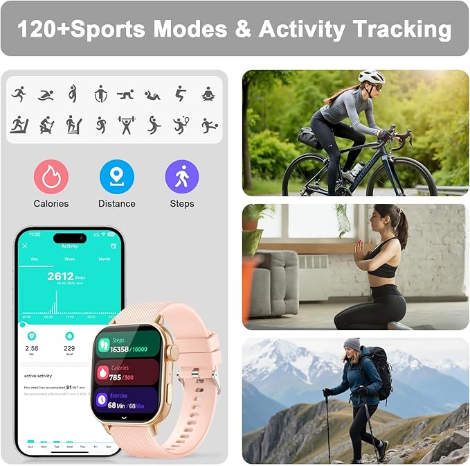 Smart Watch for Men Women, 1.85'' AMOLED HD Fitness Watch with 120+ Sports Modes, Bluetooth Call/Heart Rate/Sleep Monitor/Pedometer, Smartwatch for Android iOS, IP68 Waterproof, Gold