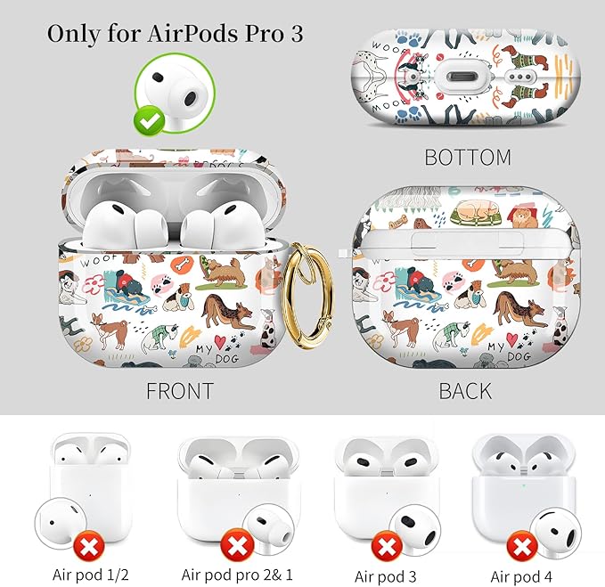 Case for AirPod Pro 3 Shock-Proof Protective Hard Case with Golden Keychain Compatible with Apple Airpods Pro 3rd Generation 2025 (Funny Dog)