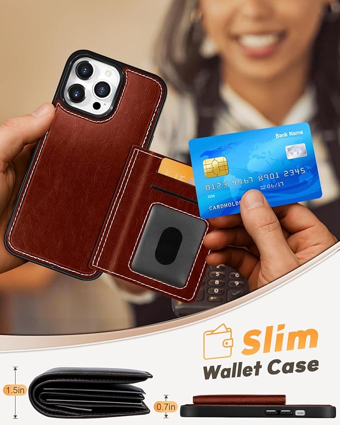 for iPhone 13 Pro Max Case with Wallet - Fits 4 Card Slots, Compatible with MagSafe for Women Men Durable PU Leather Credit Card Holder Kickstand Phone Cover for Apple 13 Promax, Brown