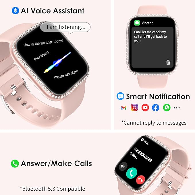 Smart Watch for Women, 1.75" AMOLED Fitness Tracker for Android iOS, Answer/Make Call with Heart Rate Sleep Monitor 130+ Sports Mode, IP68 Waterproof Smartwatch (Pink Band)