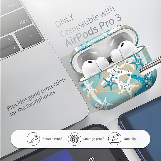 Compatible with AirPods Pro 3 (2025) Case, Airpod Pro 3 Protective Cover with Cute Golden Keychain for Girls & Women (Beach Starfish)