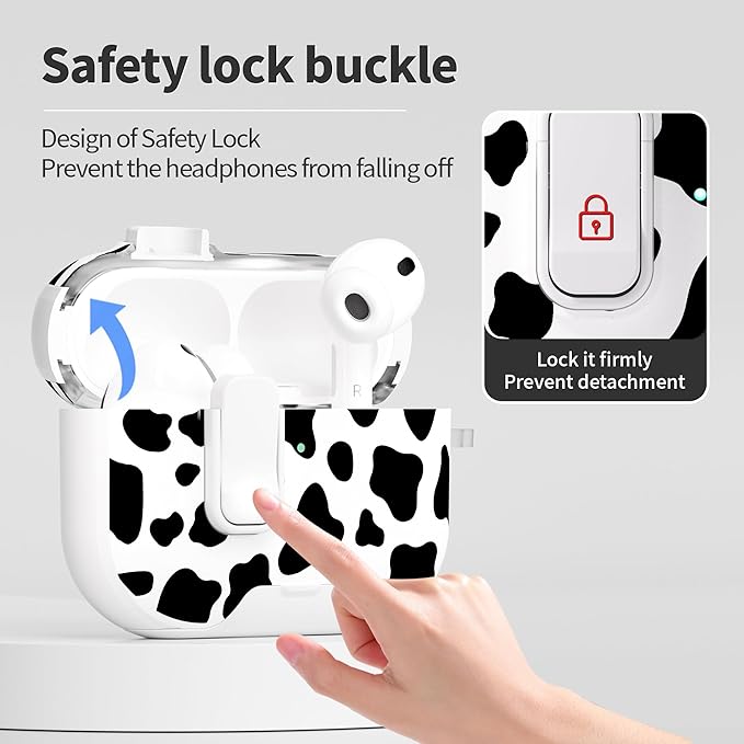 for AirPods Pro 3 Case(2025) with Secure Lock Clip and Phone Stand,Floral Girly Style Protective Cover with Cleaning Kit and Hand Strap for Apple AirPod Pro 3 Generation (White Cow)