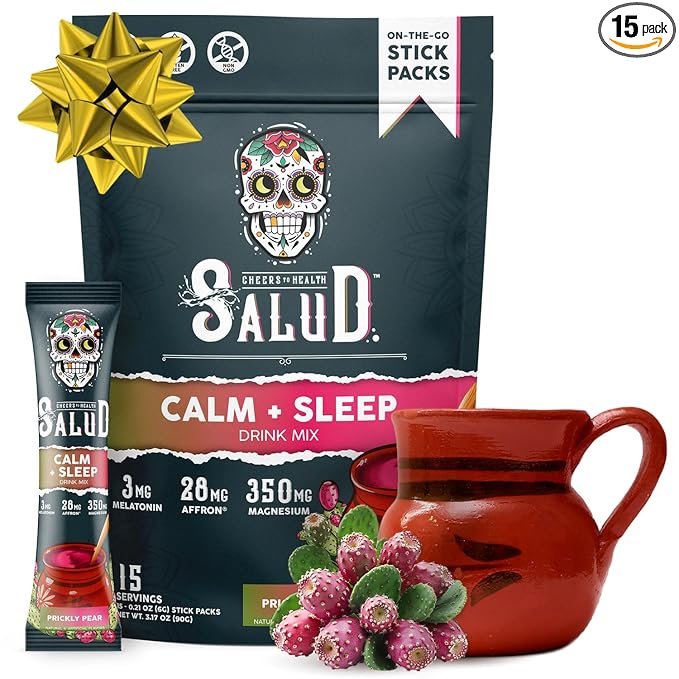 Salud 2-in-1 Sleep Aid + Calm Drink Mix, Prickly Pear Flavor, Melatonin, Magnesium, Saffron Extract, L-Theanine, Non-GMO, Gluten Free, Vegan, Low Calorie, 1g of Sugar (15 Servings)