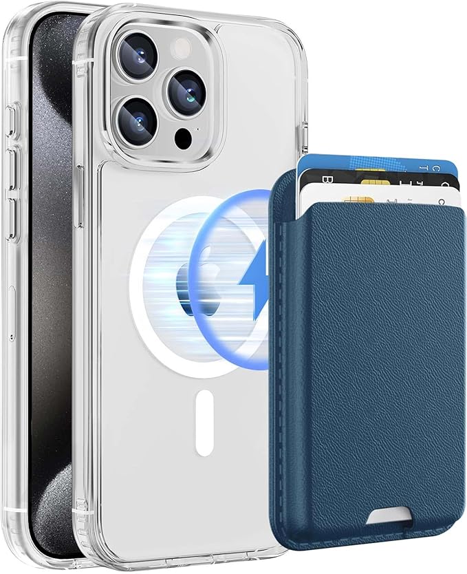 Magnetic for iPhone 15 Pro Max Clear Case with Blue Detachable Wallet, Compatible with MagSafe, Credit Card Holder with Slim Shockproof Protective Phone Cover