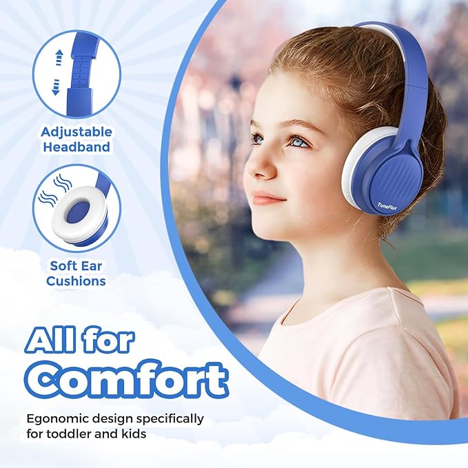 TuneFlux Upgraded Kids Headphones, Wired Toddler Headsets, 85dB Limited Volume On Ear Headphones, Portable Foldable Design, Stereo Sound Kids Headsets for School/Tablet/Travel-Sapphire Blue