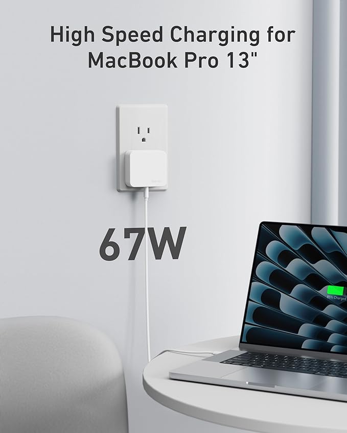 Nekmit 67W Flat USB C Charger Block, 3-Port GaN Fast Wall Charger(2*USB-C & 1*USB-A), USB C Wall Plug with Fixed Prongs for iPhone 17/16 Series, MacBook Pro/Air, iPad, Galaxy and More