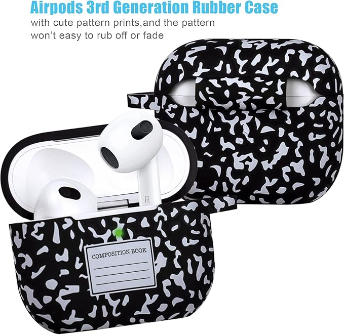 Silicone Compatible with AirPods 3 Case 2021 (Not Fit Pro), Gawnock Soft Case Compatible with AirPods 3rd Generation Floral Print Cover for Women Girls with Keychain (Composition Book Black)