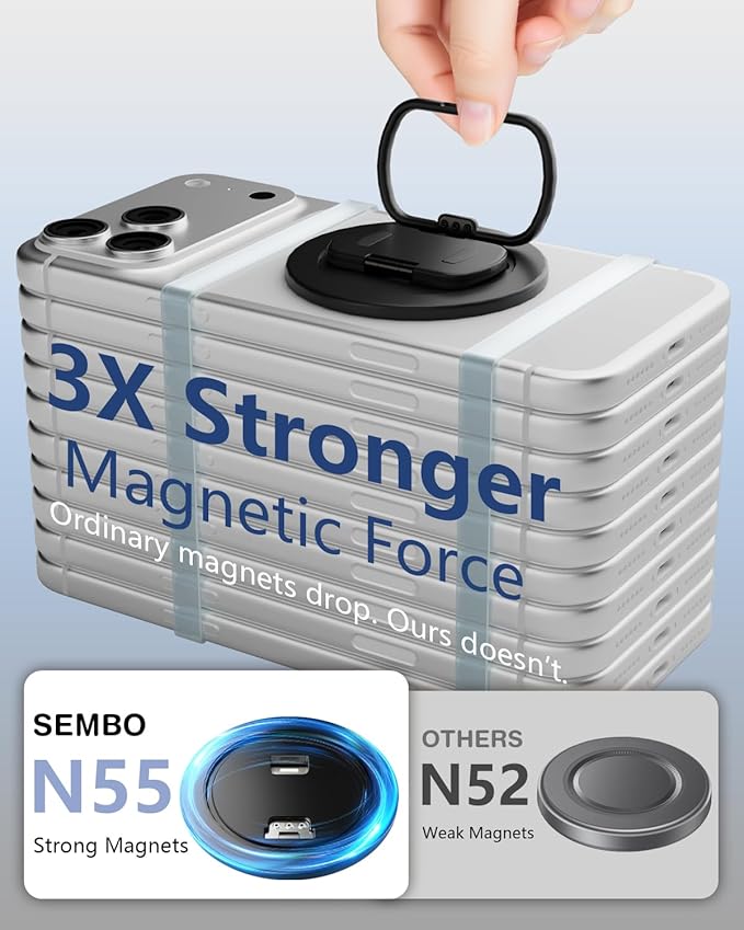 SEMBO Magnetic Phone Ring Holder with Kickstand for MagSafe, Two-Sided Magnet, 360° Rotation Comfortable Flip Out Silicone Plate Finger Grip Gym Accessories for iPhone 17 Pro Max 16 15 14 13 12(Black)