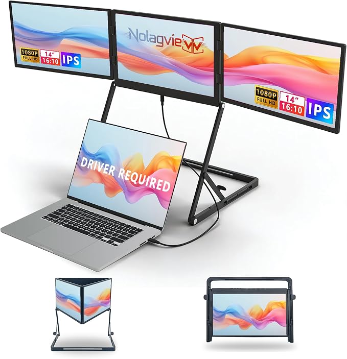 Laptop Triple Screen Extender, 14" Freestanding Triple Portable Monitor for Laptop, 1080P FHD IPS, 1 USB-C Connection for 4 Screens, Foldable Triple Screen for Work & Travel