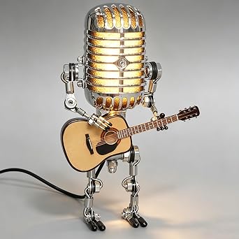 Vintage Microphone Guitar Lamp, Cool Guitar Gifts for Music Lovers and Player, USB Plug in Powered, Retro Decorations for Home, Bar, Office