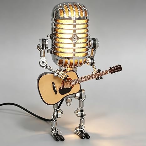 Vintage Microphone Guitar Lamp, Cool Guitar Gifts for Music Lovers and Player, USB Plug in Powered, Retro Decorations for Home, Bar, Office