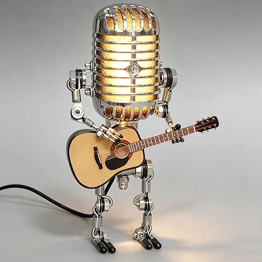 Vintage Microphone Guitar Lamp, Cool Guitar Gifts for Music Lovers and Player, USB Plug in Powered, Retro Decorations for Home, Bar, Office