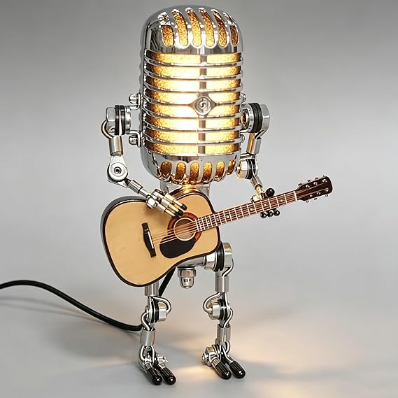 Vintage Microphone Guitar Lamp, Cool Guitar Gifts for Music Lovers and Player, USB Plug in Powered, Retro Decorations for Home, Bar, Office