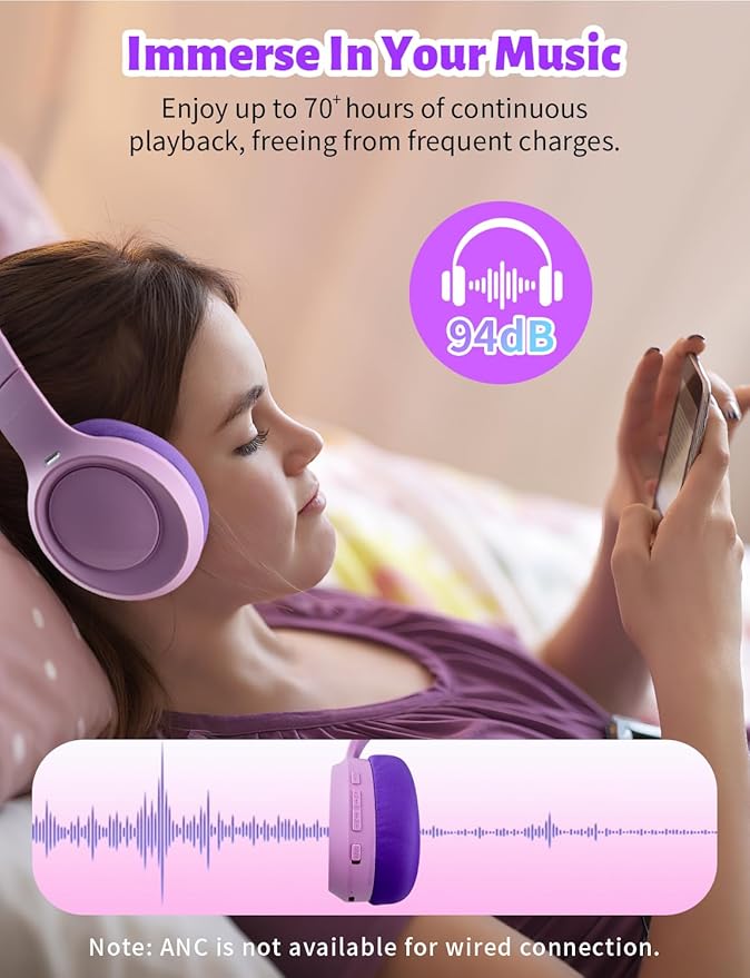 Active Noise Cancelling Headphones for Girls, 70H Play Time, Safe Volume 94dB, Bluetooth 6.0, Hybird ANC Kids Headphones Wireless for School/Travel/Airplane(Purple Pink)