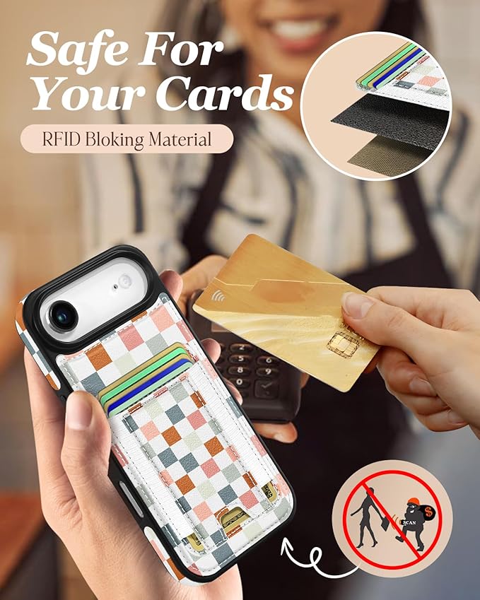 Shorogyt for iPhone Air Wallet Case - Fits 5 Cards, Compatible with Magsafe Detachable Magnetic Credit Card Holder Leather Cardholder Cute Phone Cover Women Girls for Apple 17 Air, Checkered
