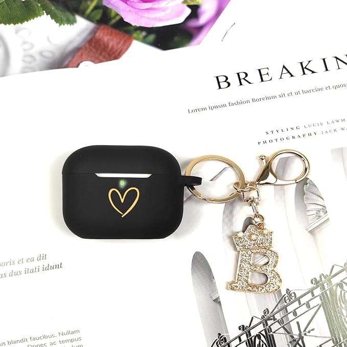Compatible with AirPods Pro 3 Case Cover (2025), Soft Silicone Case with Gold Heart Pattern for AirPods Pro 3rd Generation Case with Rhinestone Studded Letter A-Z Keychain (B Black)