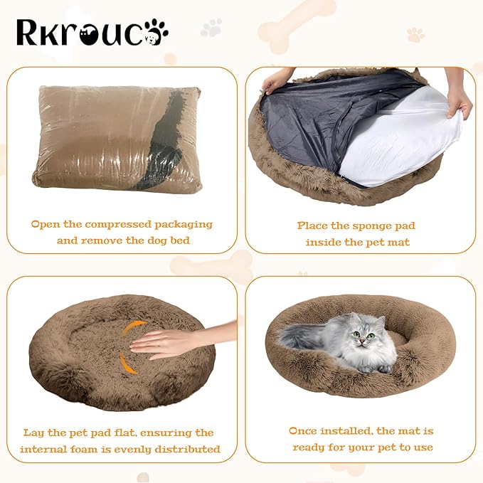 Fluffy Dog Bed Calming Donut Beds for Large Dogs Warming Round Small Medium Pet Nest Cozy Cat Mattress Indoor Washable Puppy Kennel Kittens Sleep Mat (XL, 43.3×43.3 inch, Light Brown)