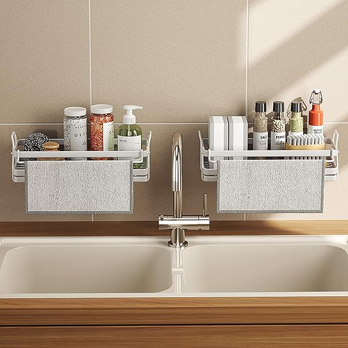 Sponge Holder Wall Mount Kitchen Sink Organizer, Dish Sponge Holder with Divider, Kitchen Sink Caddy, Sink Accessories-White
