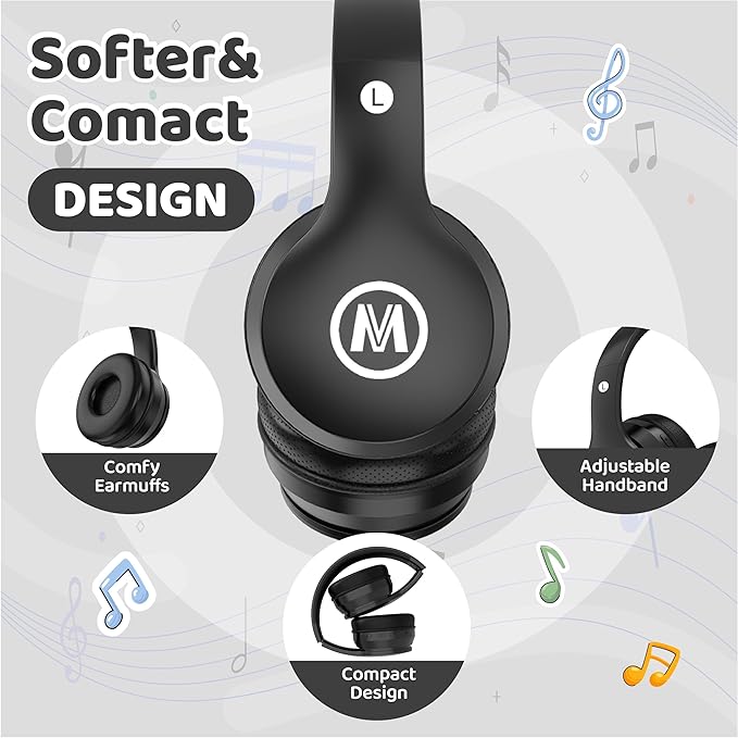 Headphones Kids Bluetooth 5.4 Wireless Play Time 68H Safe Volume Limit 85/94dB Over-Ear Foldable Headset,Fast Charging,with Aux Cord Built-in Mic for Toddler Child Pad Study Tablet Black