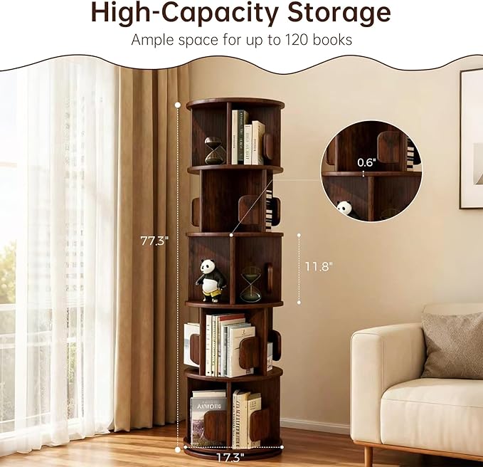 Solid Wood Rotating Bookshelf on Wheels, 5 Tier, Round Revolving Bookcase, 360° Spinning Book Shelf Tower for Kids,Narrow Storage Organizer for Bedroom, Living Room,
