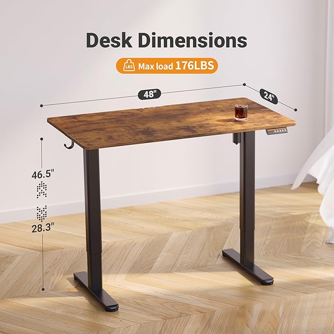 Claiks Electric Standing Desk, Adjustable Height Stand up Desk, 48 * 24 Inches Sit Stand Home Office Desk with Splice Board, Black Frame/Vintage Brown Top