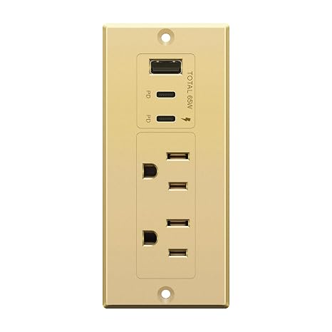 LIDER Rectangle Desktop Power Grommet with USB-C PD60W & USB-A, USB Combined Output 65W, 12A AC Outlets, Auto-Slide Cover, 6.5ft Cord, Desk Charging Station, ETL Listed, Thermoplastic, Matte Gold