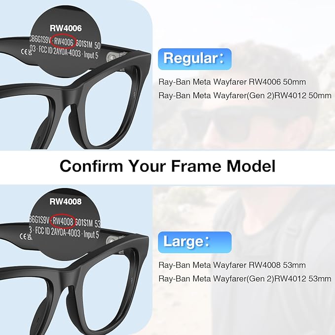 Replacement Lenses for Ray-Ban Meta Smart Glasses Gen 2/1/Wayfarer RW4006/4008/RW4012, 53mm Large/50mm Regular, Anti-Scratch