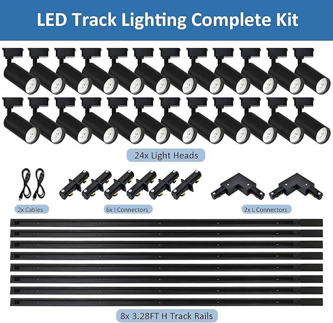 Super Brightness 25W 2000lm H Type LED Track Black Lighting Kit System, 3000K Cool White Light Dimmable Brightness，with 26 FT Track Rails, Ceiling Spotlight Fixture with Installation Package