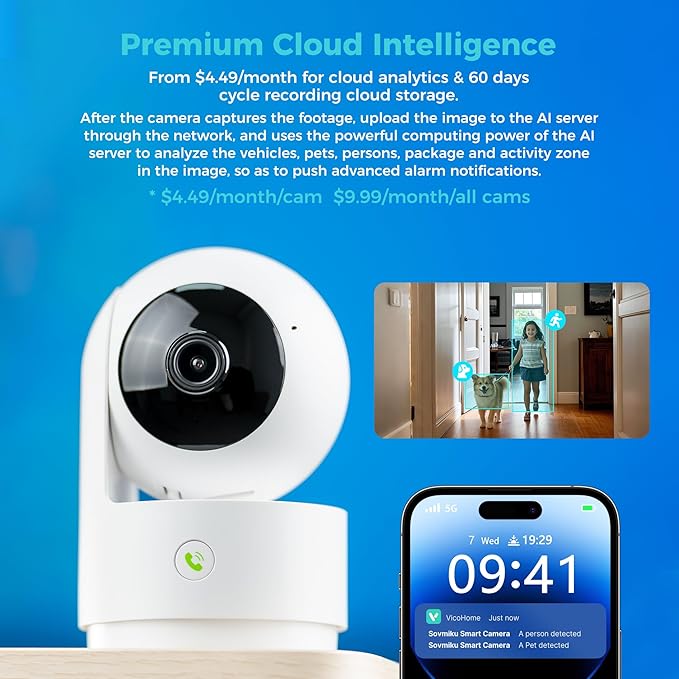 Vicohome 2K Indoor Camera, Plug-in, AI Tracking, Home Security, Pet/Baby Monitor, 360° View Pan/Tilt, Two Way Audio, Night Vision, Easy to Setup, Wi-Fi, Audible Alarm, 180 Days Exchange Policy