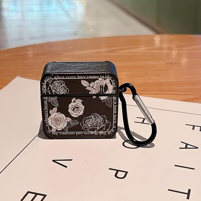 for AirPod 4 Case for Women Girls Cute Retro Flower Design with Keychain PU Leather Squre Shockproof Protective Cover Compatible with AirPods 4th Gen Case (Retro Rose Black)