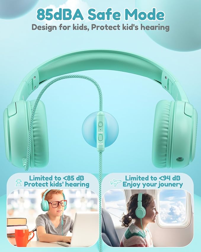 Kids Headphones for School Toddler Wired with Microphone Plug in Bulk Boys Headset Girls 3+ Year Old Green