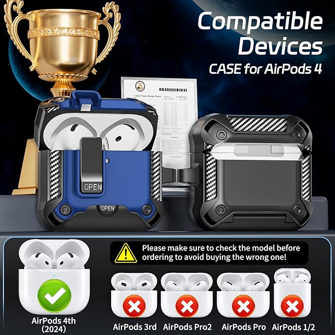 Secure Lock Case for AirPods 4 with Cleaning Kit & Keychain, Shockproof Protective Cover Compatible with Apple AirPods 4th Gen 2024 for Men Women, Anti-Scratch