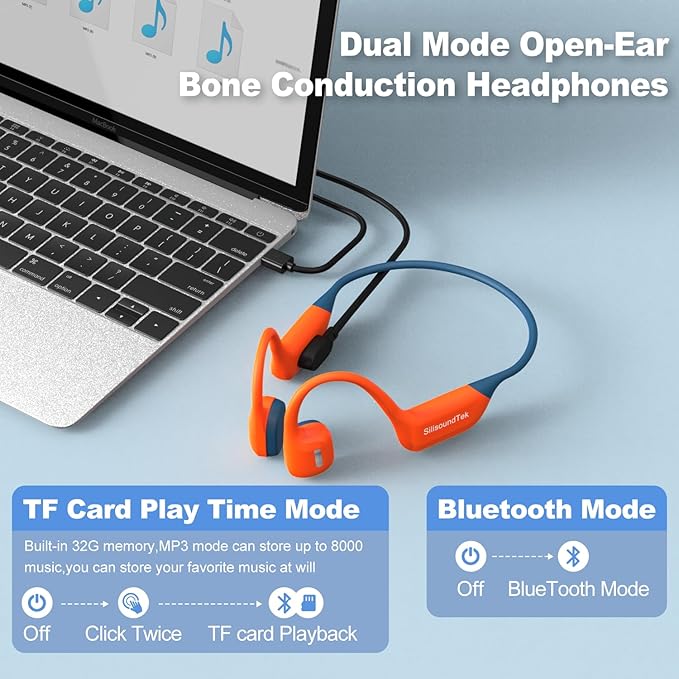 6.0 Bluetooth Swimming Headphones, IP68 Waterproof Bone Conduction Headphones, Liquid Silicone Wireless Open Ear Headphones, Built-in 32GB MP3 Player Underwater Headphone for Running(Orange-gray)