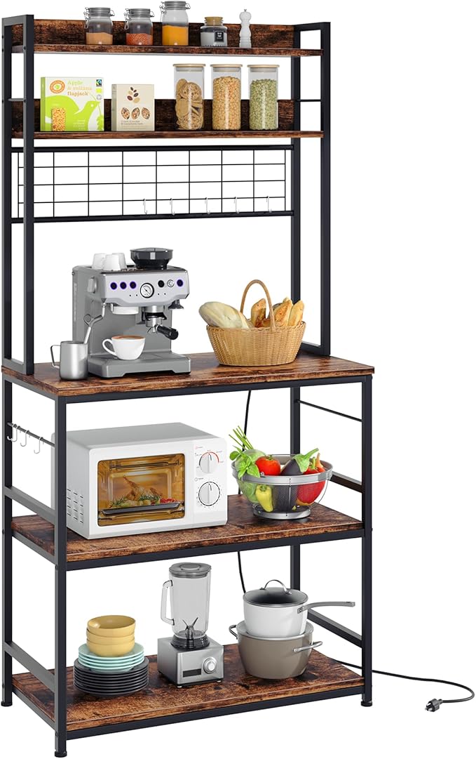 Shintenchi Bakers Rack with Power Outlet, Large Storage Space, 10 Hooks Coffee Bar with Metal Wire Panel, High Microwave Stand, Classic Kitchen Storage Shelf Design, Vintage Brown