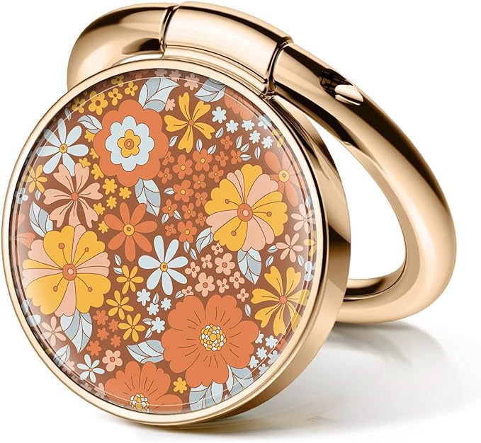 Cell Phone Ring Holder, Cute Metal Phone Grip Stand Finger Ring Kickstand, Flexible 360°Rotation Phone Tablet Case Accessories Compatible with Most Phones Cute Orange Flowers