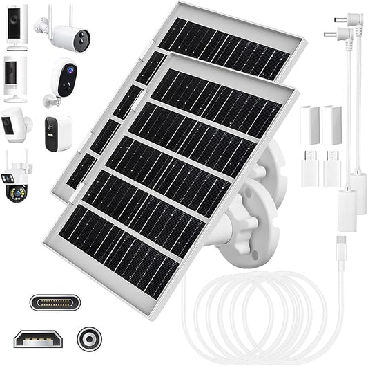 8W Solar Panel Charger for Outdoor Security Cameras, with Micro USB/USB-C and DC (35 x 135) Port, Fits Ring/Eufy/Wyze/Bird Feeder Camera, 13ft Cable, Fast Charging (2 Pack)