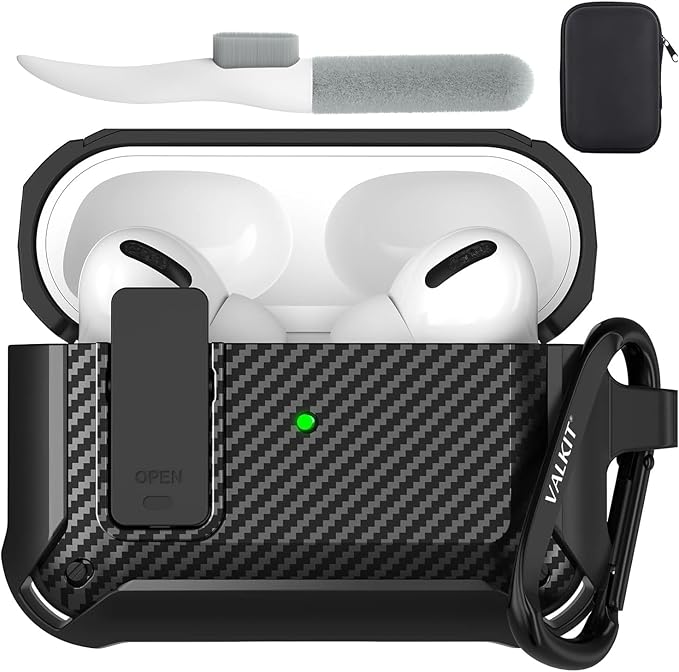 Valkit Compatible Airpods Pro Case with Lock Clip, Carbon Fiber Texture Air Pod Pro Case Cover with Keychain for Men Women Cool AirPod Pro Shockproof Protective Case for AirPods Pro 2019, Black