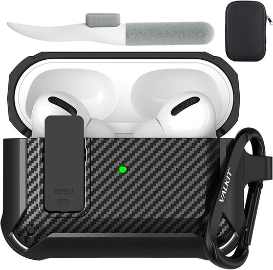 Valkit Compatible Airpods Pro Case with Lock Clip, Carbon Fiber Texture Air Pod Pro Case Cover with Keychain for Men Women Cool AirPod Pro Shockproof Protective Case for AirPods Pro 2019, Black