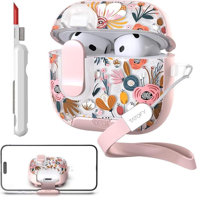 TATOFY for AirPods 4th Generation Case with Phone Stand Lanyard Lock Cleaning Kit, Compatible with Magsafe, Flowers Hard AirPod 4 Cover for Women (Salmon, AirPods 4th)