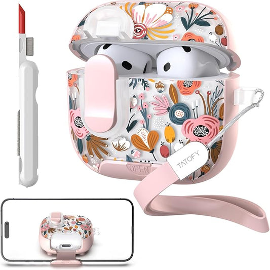 TATOFY for AirPods 4th Generation Case with Phone Stand Lanyard Lock Cleaning Kit, Compatible with Magsafe, Flowers Hard AirPod 4 Cover for Women (Salmon, AirPods 4th)
